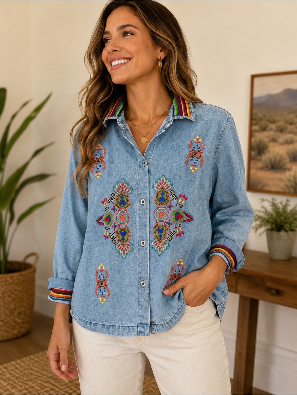 Vintage Tantrums Light Blue Embroidered Denim Button-Down Shirt Size Large